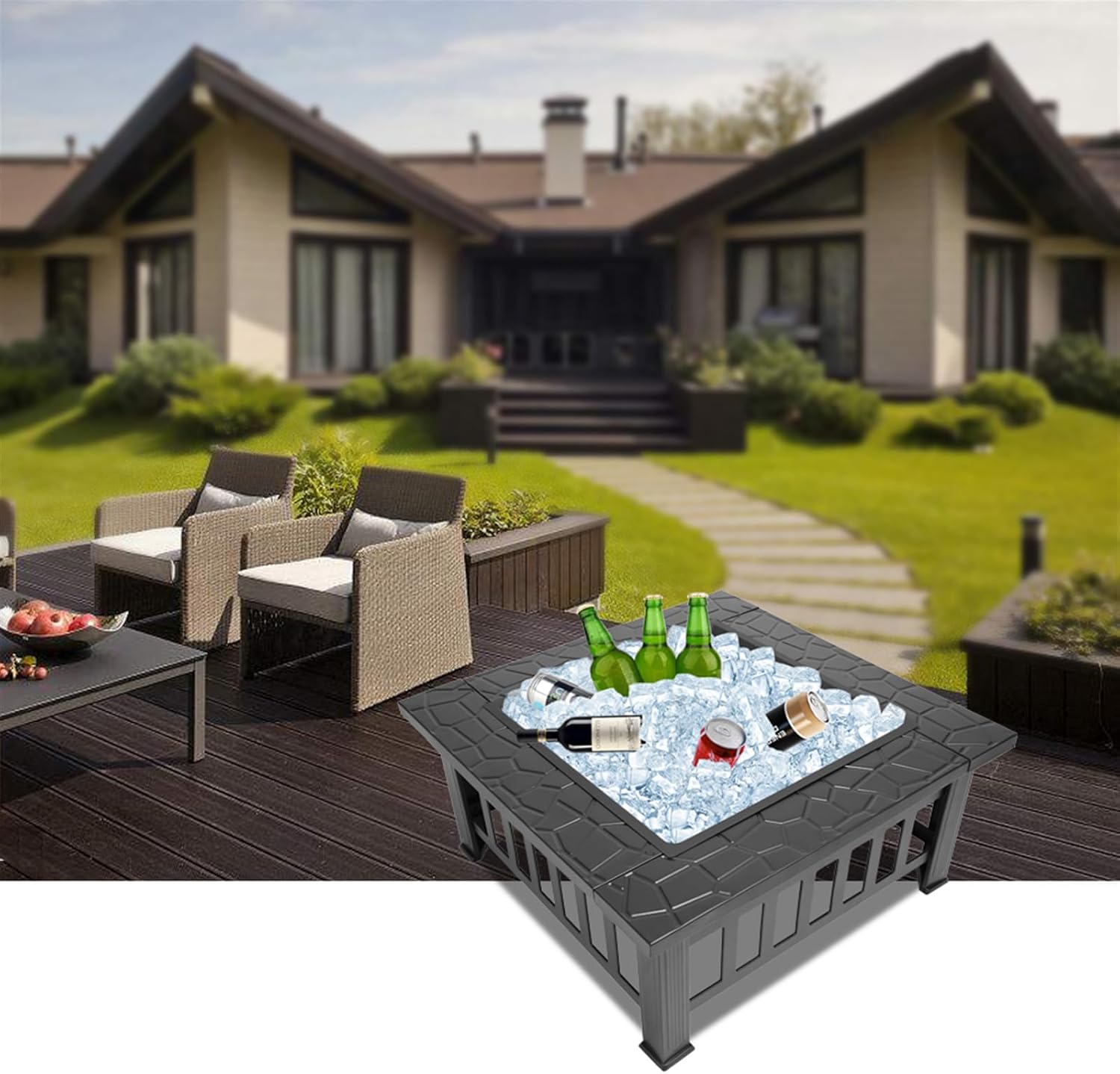 32in Square Outdoor Fire Pit Table Portable Courtyard Metal Fire Pit with Accessories, Multipurpose Firepits for Outside, Fireplace for Yard, Garden, Patio Fogatas para Patio Black