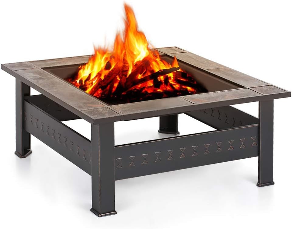 Outdoor Fire Pit Table, Multifunctional Garden Terrace Fire Bowl with Stainless Steel Grill and Log Poker, for Outdoor and Patio,Outdoor Fire Pits