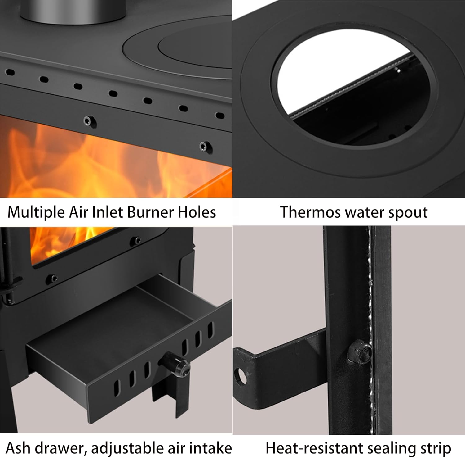 Wood Burning Stove with Legs, Black Steel, Includes Firewood Storage Rack and Fireplace Poker, Multi-View Glass Door,Heating coverage for 200–750 square feet