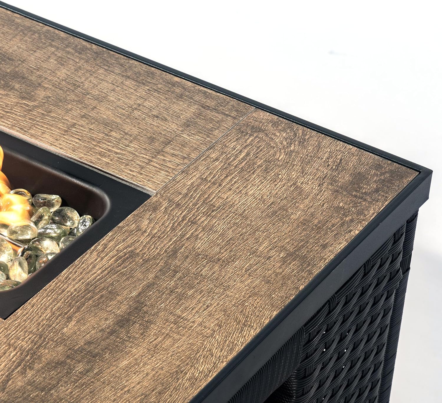 32in Gas Fire Pit Table Set, 50,000 BTU Propane Fire Pit Table Outdoor with Rain Cover, Hideaway Tank Holder Fits 20lb Tank, Gas Fire Pit for Outside w/Ceramic Tabletop and lid, Glass Rocks.