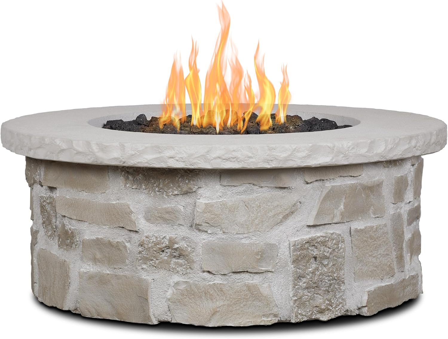Real Flame Scottsdale 40” Round Stone Propane Fire Pit Table, 50000 BTU Outdoor Gas Fireplace for Outside Patio Backyard Deck and Garden, Includes Storage Cover and Lava Rock Filler