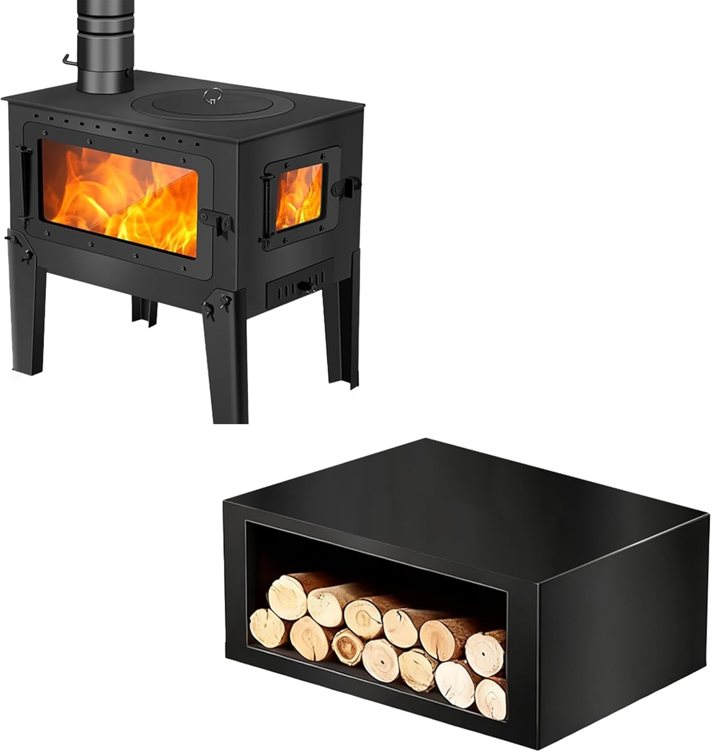 Fireplace with Storage Cabinet and 4 Support Legs, Pellet Stove, Suitable for 200-700 sq ft Spaces, Dual-Purpose Indoor and Patio Heater。