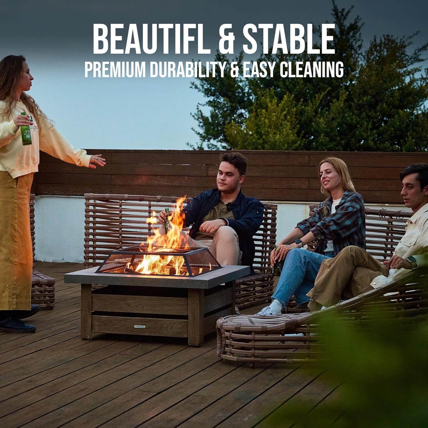 Firepits for Outside，Wood Burning Fire Pit with Wood-Grain Side Panels,Firepit for Outside with Mesh Cover & Fire Poker,Square Modern Outdoor Fireplace Fire Table. (Countryside)