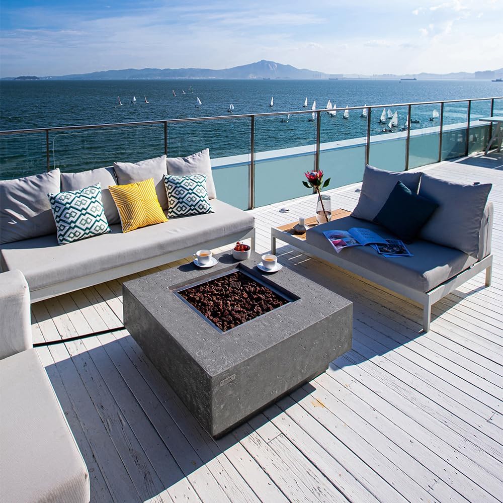 Elementi Manhattan Fire Pit Bundle Outdoor Firepit 36” Natural Gas Firepit Table, Glass Windscreen, Stainless Steel Cover, Canvas Cover, Floor Mat and Beverage Tub