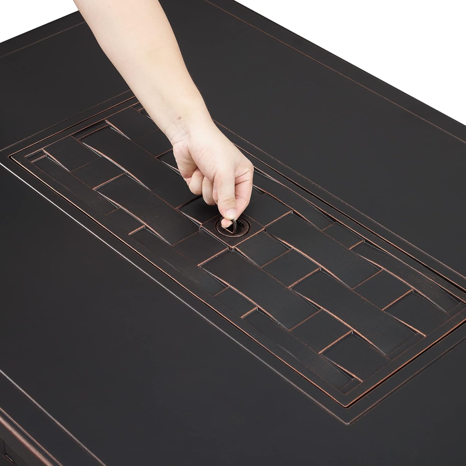 Fire Sense 63700 Preston Basketweave Aluminum Convertible Gas Fire Pit Table 45,000 BTU Multifunctional Outdoor Firepit with Fire Bowl Lid Nylon Cover Clear Fire Glass Bronze Finish - Rectangular 44