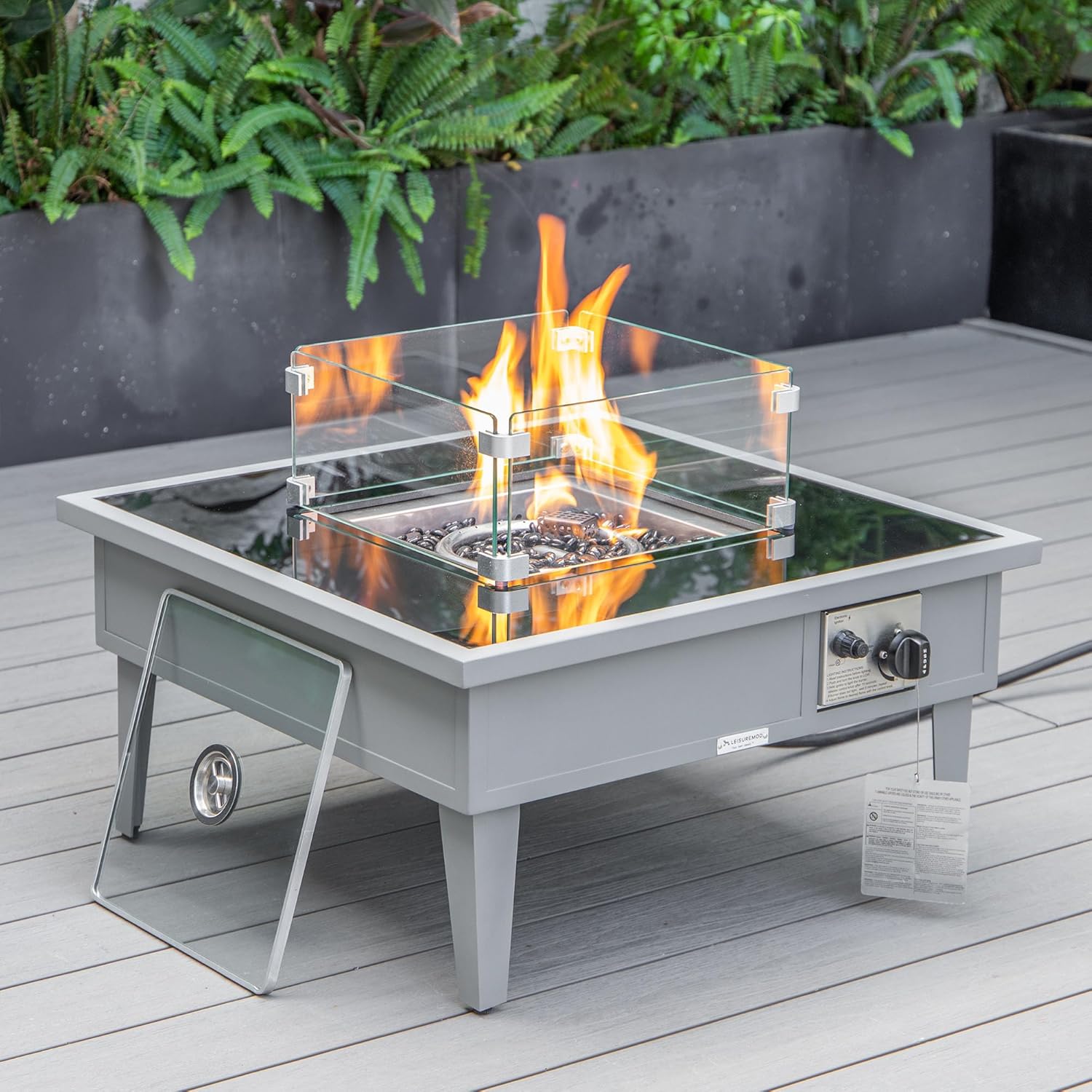 LeisureMod Walbrooke Modern Aluminum 5-Piece Patio Conversation Set with Outdoor Square Fire Pit Side Table Tank Holder, Light Grey
