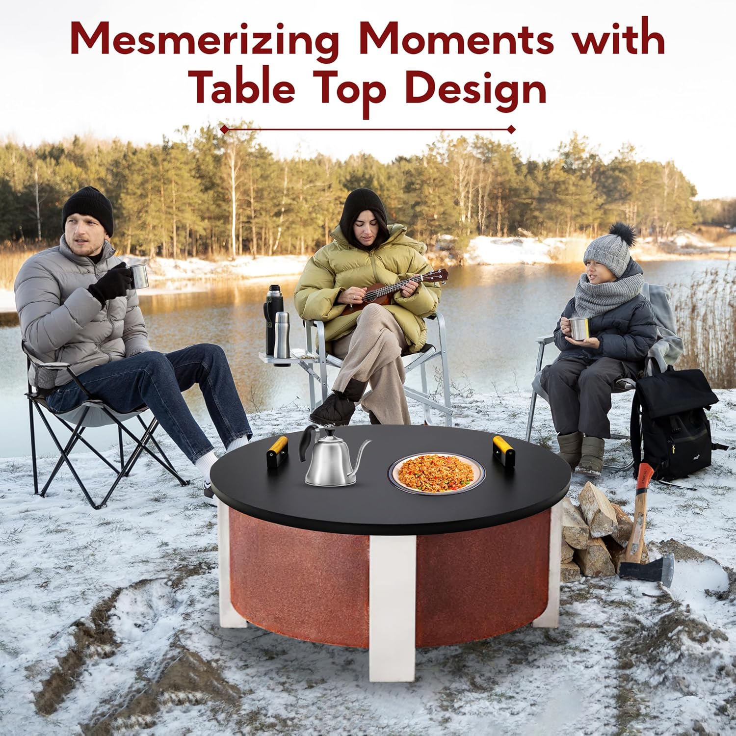 FEBTECH Solid Fire Pit Lid 35” - Fit for 34.5 Inch Smokeless Fire Pit - Carbon Steel Fire Pit Lid with Dual Wooden Handles & Powder Coating - Reliable Use as Garden Decor Fire Pit lid Accessories