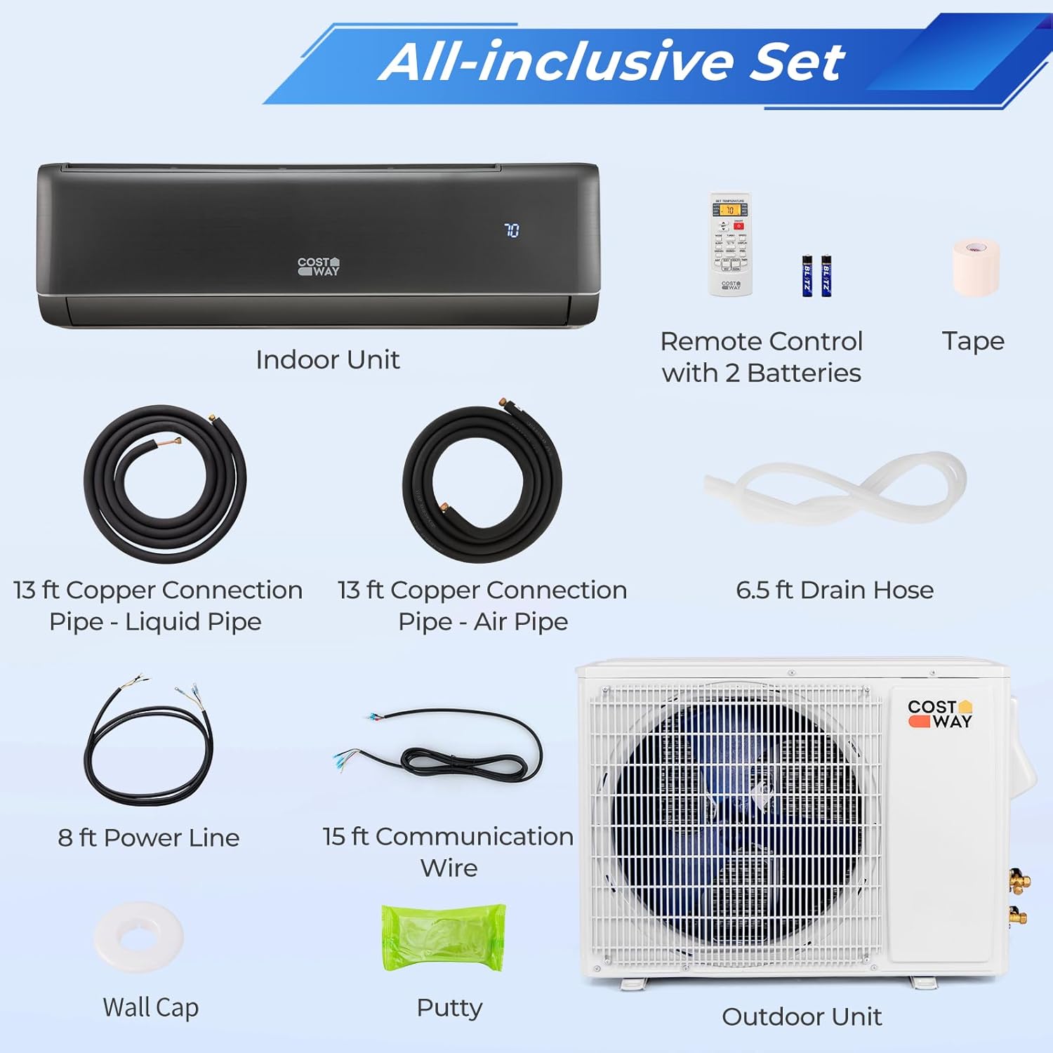 COSTWAY 18000 BTU Mini Split Air Conditioner & Heater, 21 SEER2 208-230V Inverter AC Unit Cools Rooms up to 1250 Sq. Ft, Energy Efficient Star AC w/Heat Pump