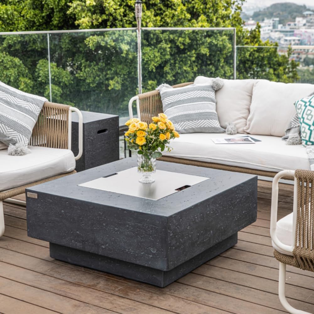 Elementi Manhattan Fire Pit Bundle Outdoor Firepit Set Includes 36” Dark Grey Propane Concrete Firepit Table, Glass Windscreen, Stainless Steel Cover, Canvas Cover, Floor Mat, Ice Bucket