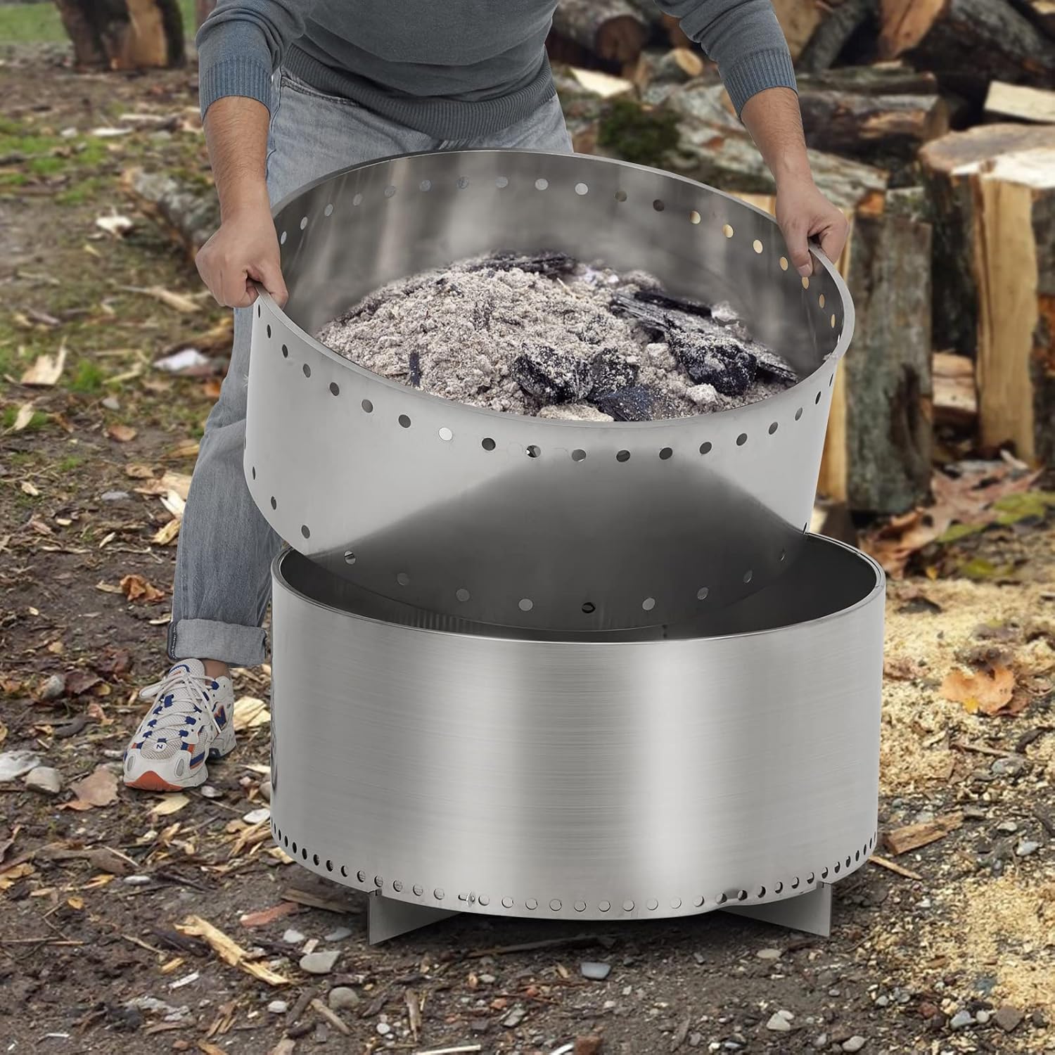 Portable Stainless Steel Outdoor Firepit with Air Switch - Ideal for Camping, Patio, Garden Fireplace - Wood Burning with Removable Stand and Ash Pan