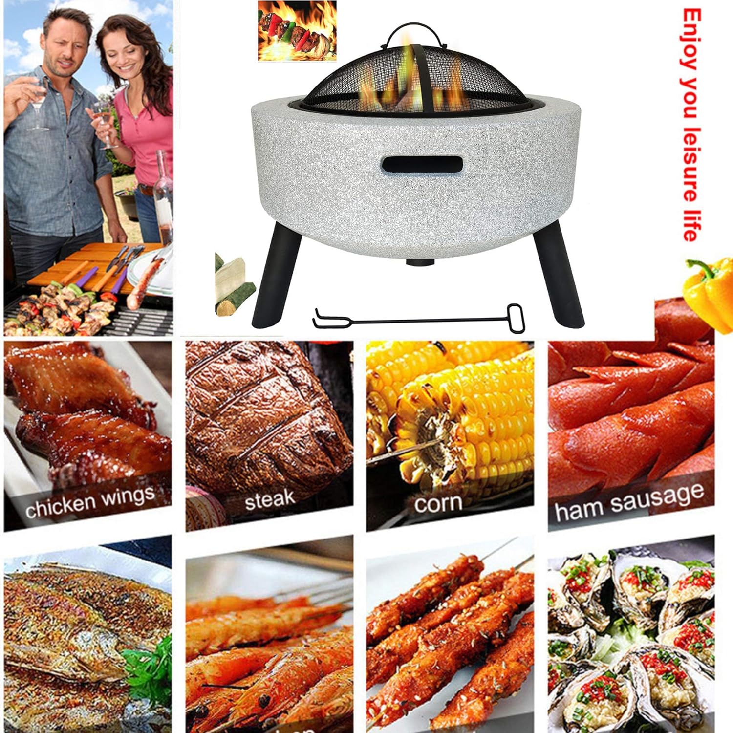 Large Fire Pits Bowl BBQ Grill Firepit, Wood Burning Barbecues Grills w/Mesh Screen Spark Protector & Lift Hook, Smoker BBQ Grill