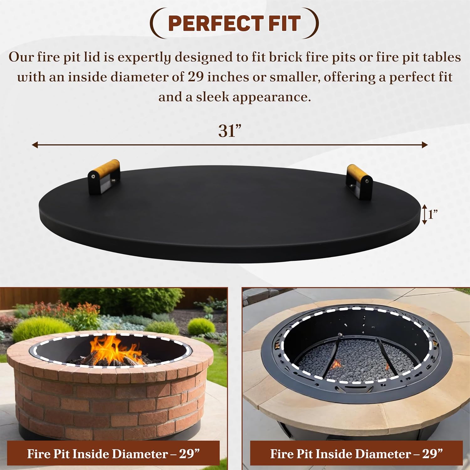 31” Round Fire Pit Lid – Heat Resistant Fire Pit Cover Lid Round for Outdoor Fireplace -16 Gauge Steel Flat Fire Pit Burner Pan Cover with Dual Wooden Handles Snuffer Lid for Patio FirePit Ring