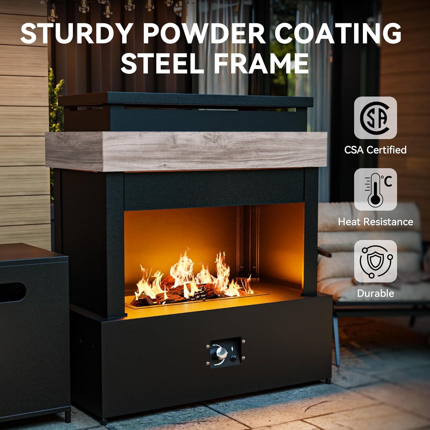 35'' Outdoor Propane Fireplace with Tank Storage, 50,000 BTU Outdoor Gas Fire Pit with CSA Certified, Adjustable Flame, Dust Cover, Smokeless Ceramic Wood for Patio, Garden, Deck, Gray/Tan