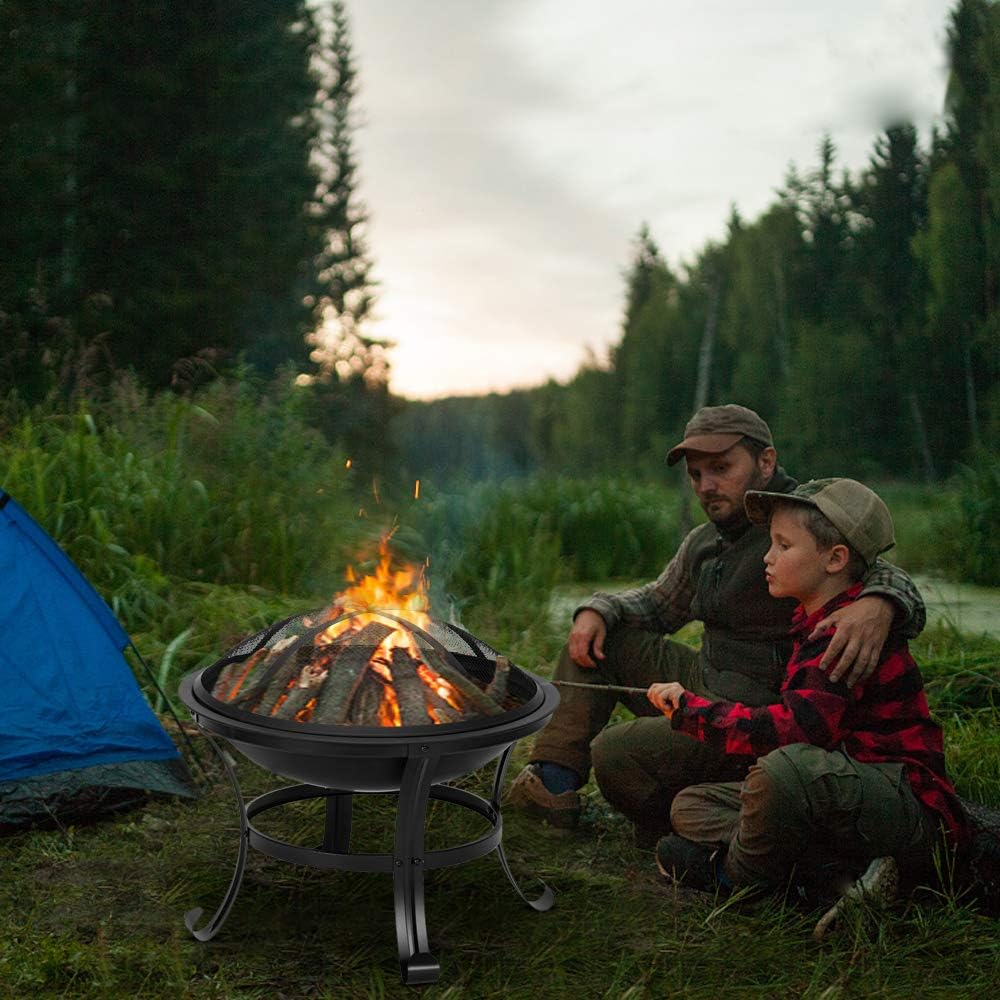 22 Inch Fire Pit, Wood Burning Fire Pits for Outdoor with Mesh Lid and Fire Picker, Durable Small Outside Fireplace for Bonfire, Backyard, Porch, Camping, Deck, Black