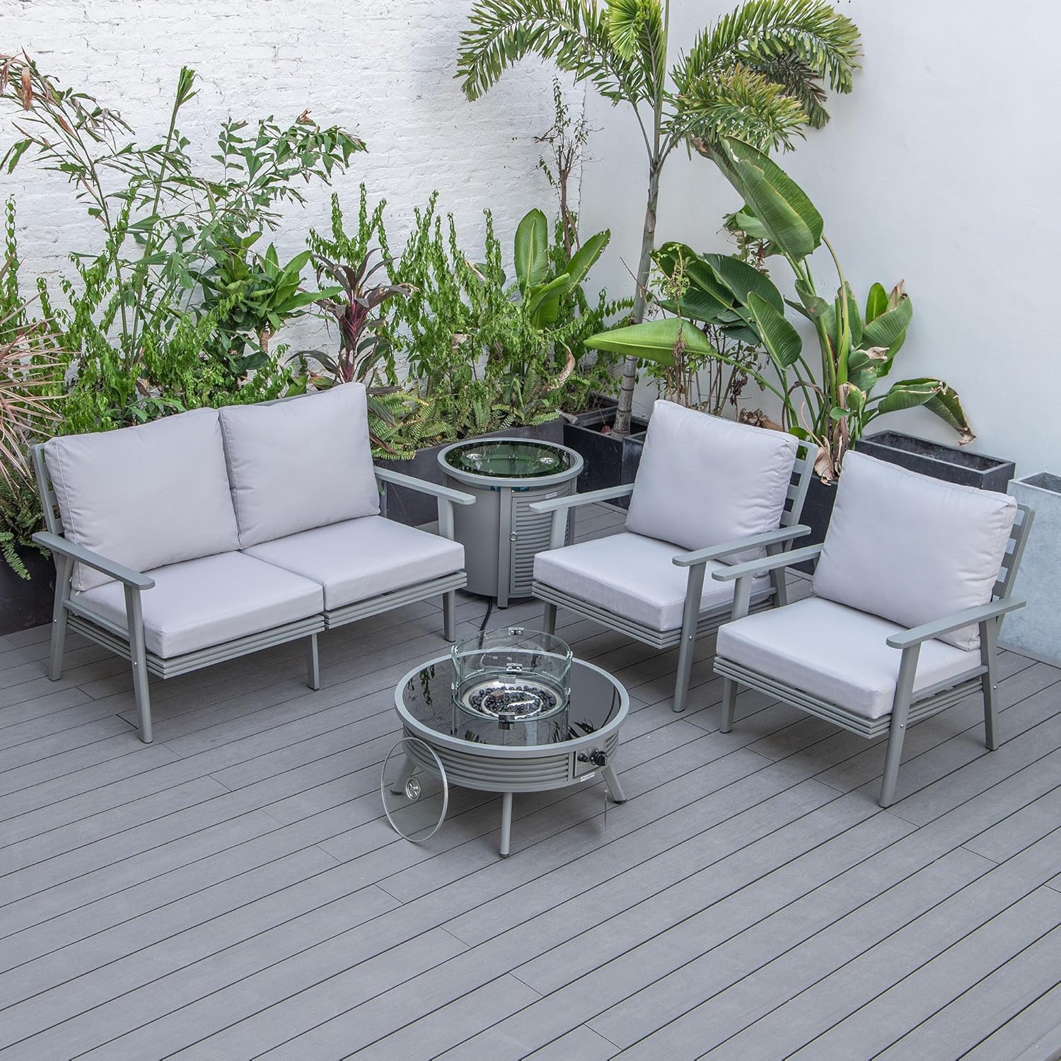 LeisureMod Walbrooke Modern Aluminum 5-Piece Patio Conversation Set with Outdoor Round Fire Pit Slats Design & Side Table Tank Holder, Light Grey