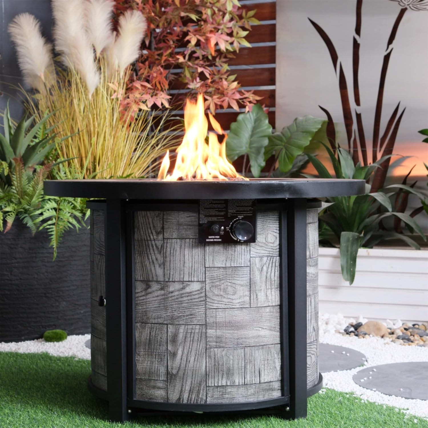 Outdoor Propane Fire Pit Table 50,000 BTU, 36-Inch Square Stonecrest Gas Fire Pit for Patio,Concrete Propane Fire Table with Lava Rocks,Waterproof Cover, Acacia Wood Look,Magnesium Oxide Construction