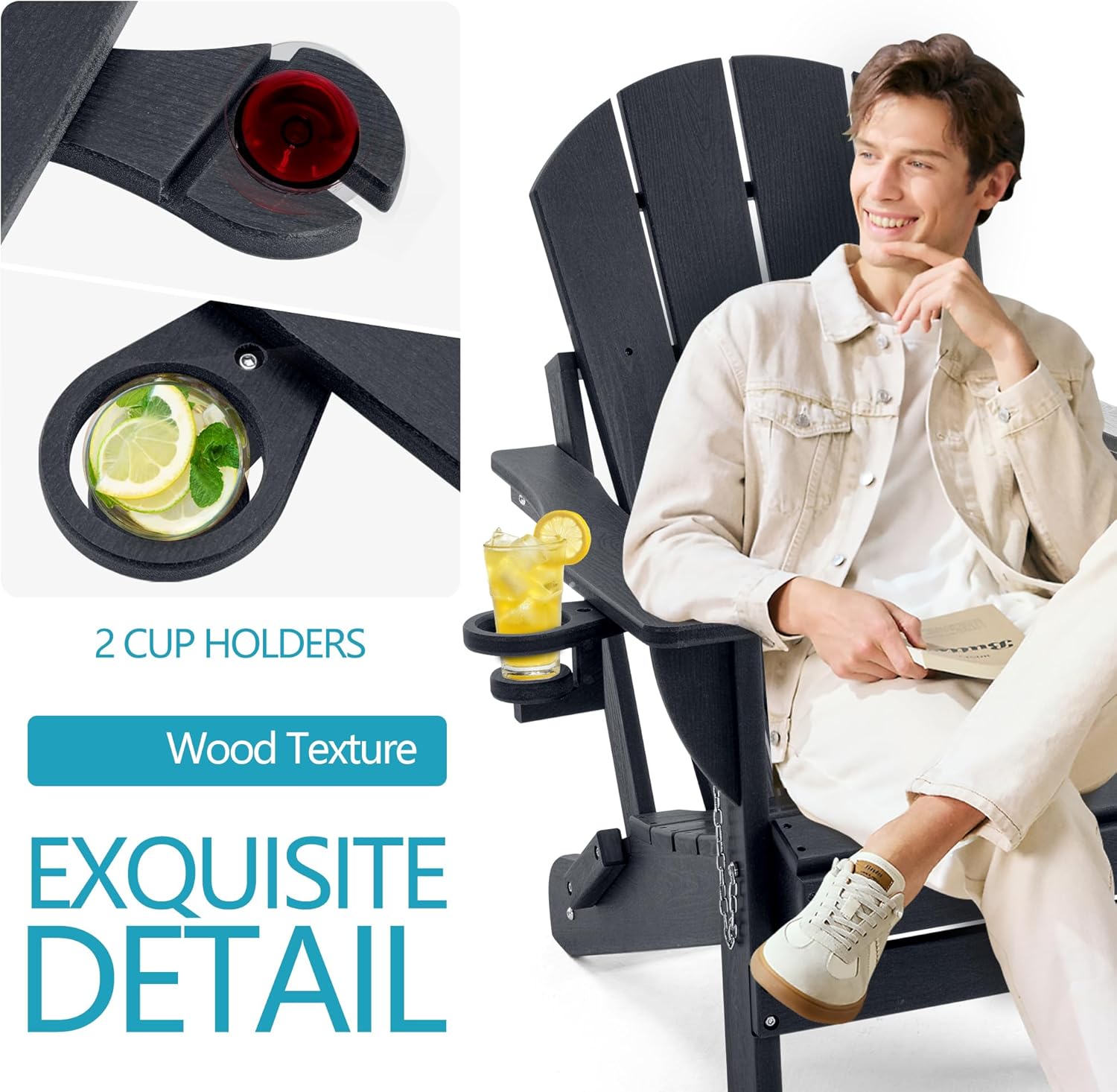 Folding Outdoor Adirondack Chairs Set of 4 with HDPE Side Tables-Plastic Weather Resistant Patio Chairs with Small Outdoor Side Tables 2 Storage for Patio,Fire Pit, Garden and Backyard