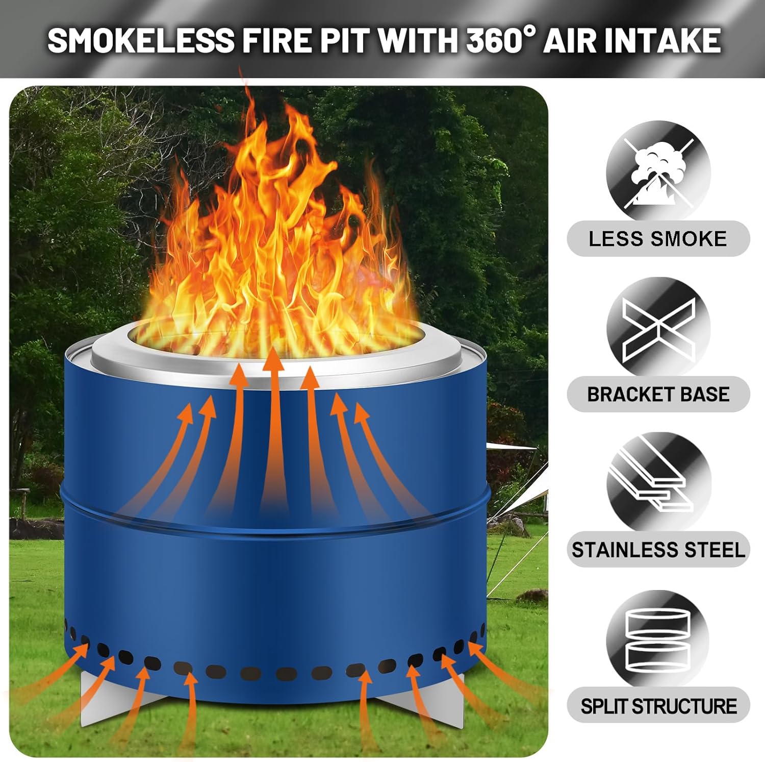 GarveeLife Smokeless Firepit, 20 in Stainless Steel Outdoor Portable Fire Pit with Removable Ash Pan and Carry Bag, Wood Burning Firepits for Outside with Stand, Ideal for 4-6 People, Blue