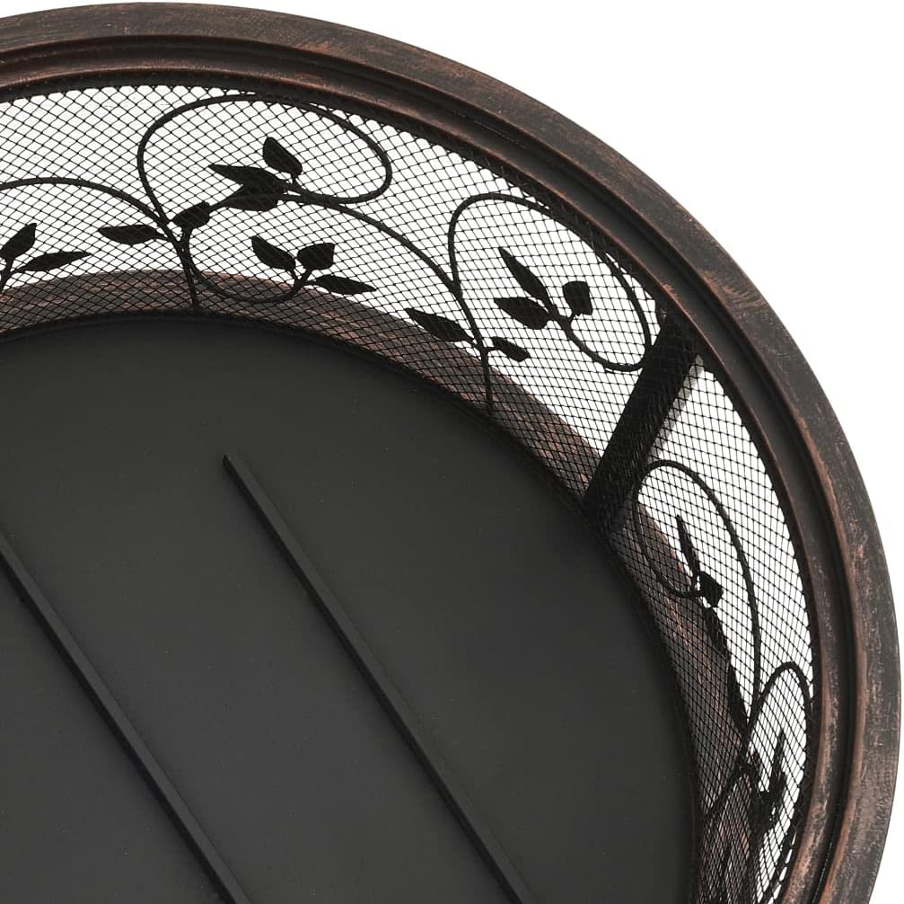 Steel Rustic Fire Pit with Metal Poker and Mesh Cover, Absorbing and Radiating Heat Outdoor Fire Pit Round Fireplace for Garden Patio 26.6