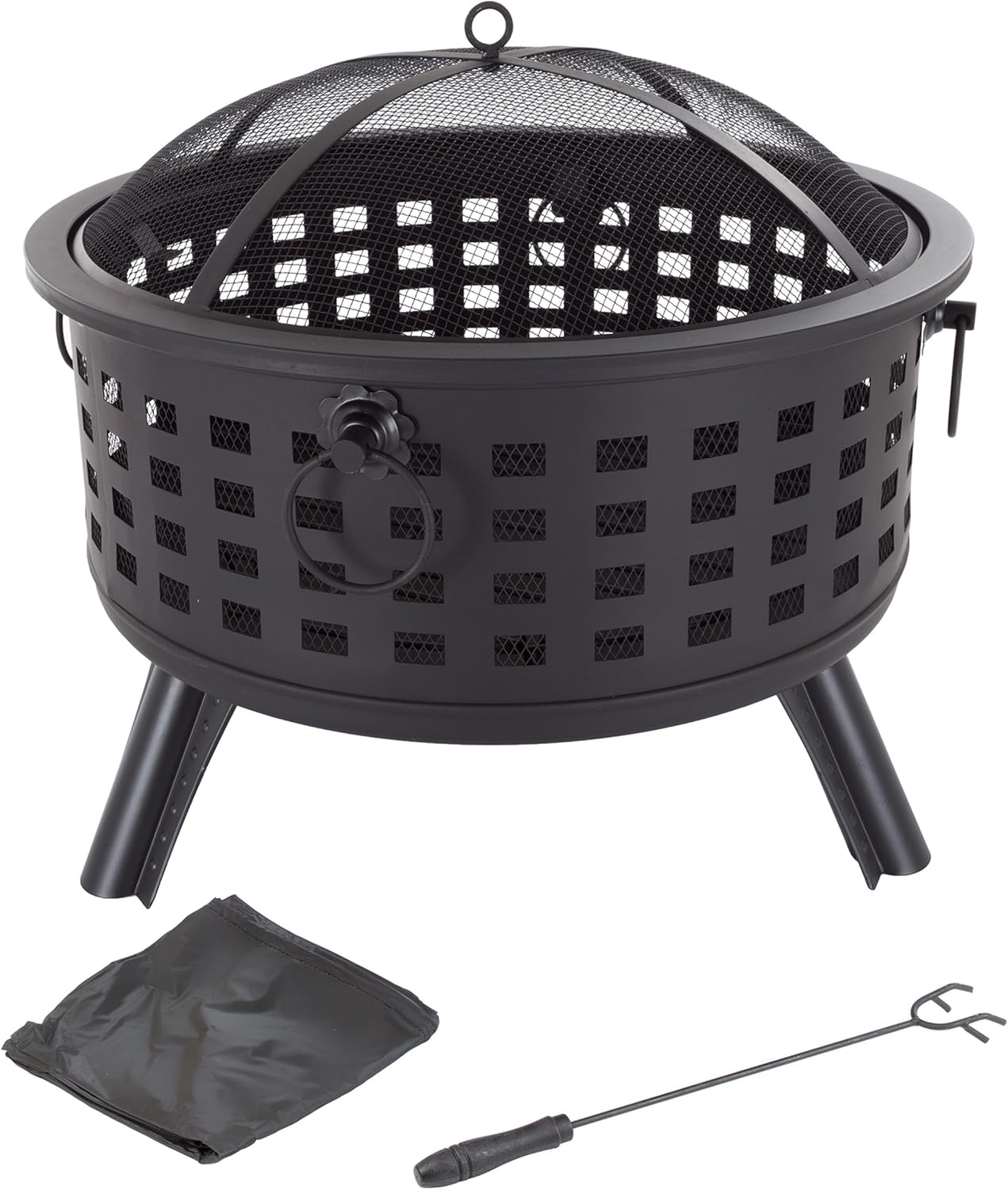 Outdoor Fire Pit - 26-Inch Round Lattice Wood Burning Firepit with Screen, Poker, Grate and Cover - Wood Fire Pits & Outdoor Fireplaces by Pure Garden