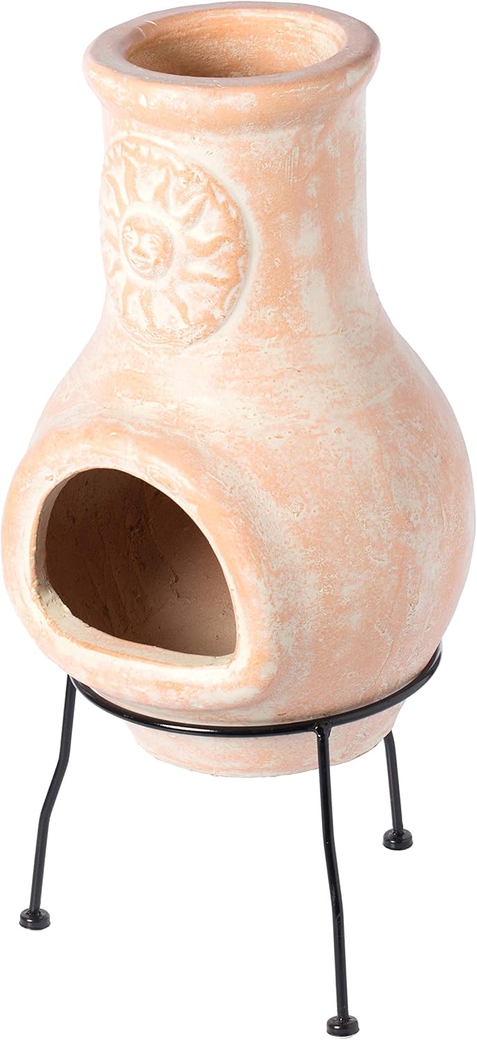 Outdoor Clay Chiminea Sun Design Charcoal Burning Fire Pit with Sturdy Metal Stand