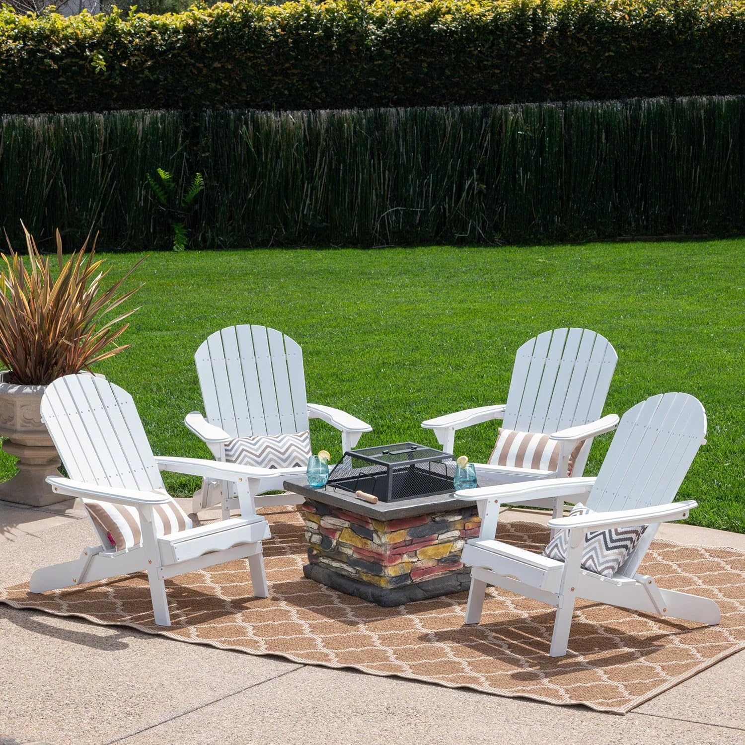 GDFStudio Outdoor 5 Piece Acacia Wood/Light Weight Concrete Adirondack Chair Set with Fire Pit, White Finish and Natural Stone Finish