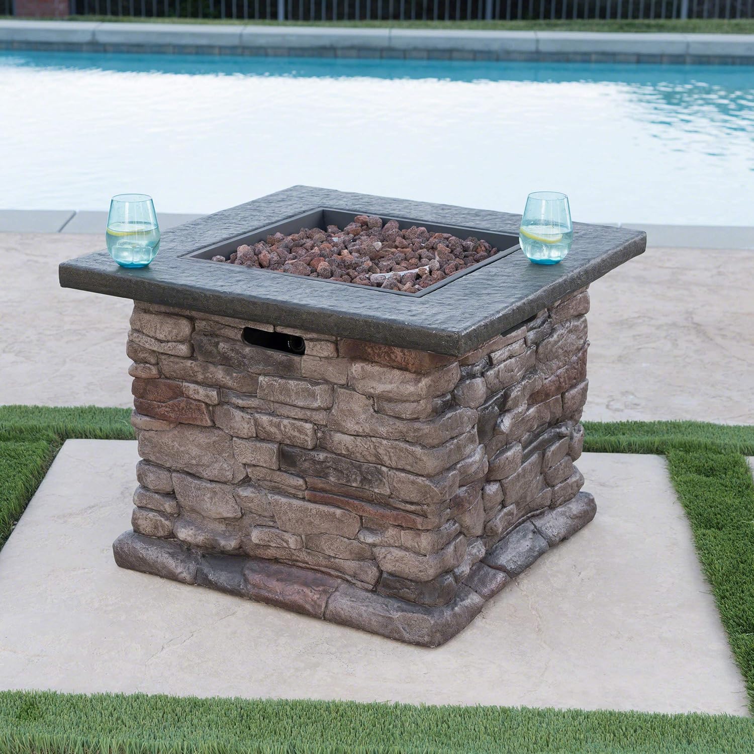 Christopher Knight Home Stonewall Outdoor Square Fire Pit - 40,000 BTU, Natural Stone