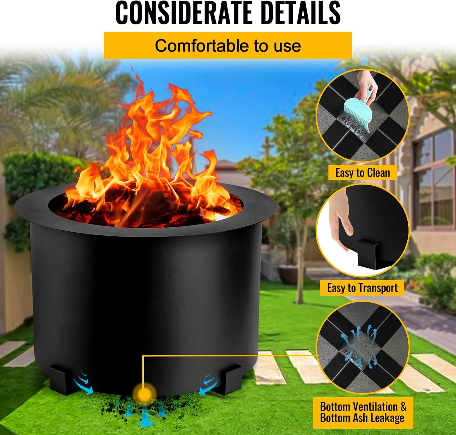 Smokeless Fire Pits Large 23.6 Inch Wood Burning Fire Pit Carbon Steel Stove Bonfire Fire Pit Portable Outdoor Fire Bowl for Picnic Camping Backyard Black