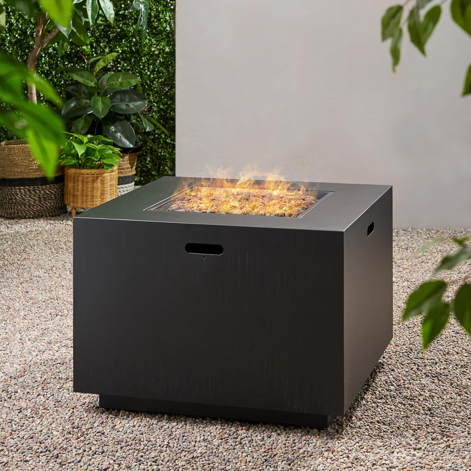 GOWE Outdoor Patio Propane Fire Pit 24'' H x 33'' W Square Iron Gas-Burning Fire Pit - 50,000 BTU, Tank in Side, Dark Grey