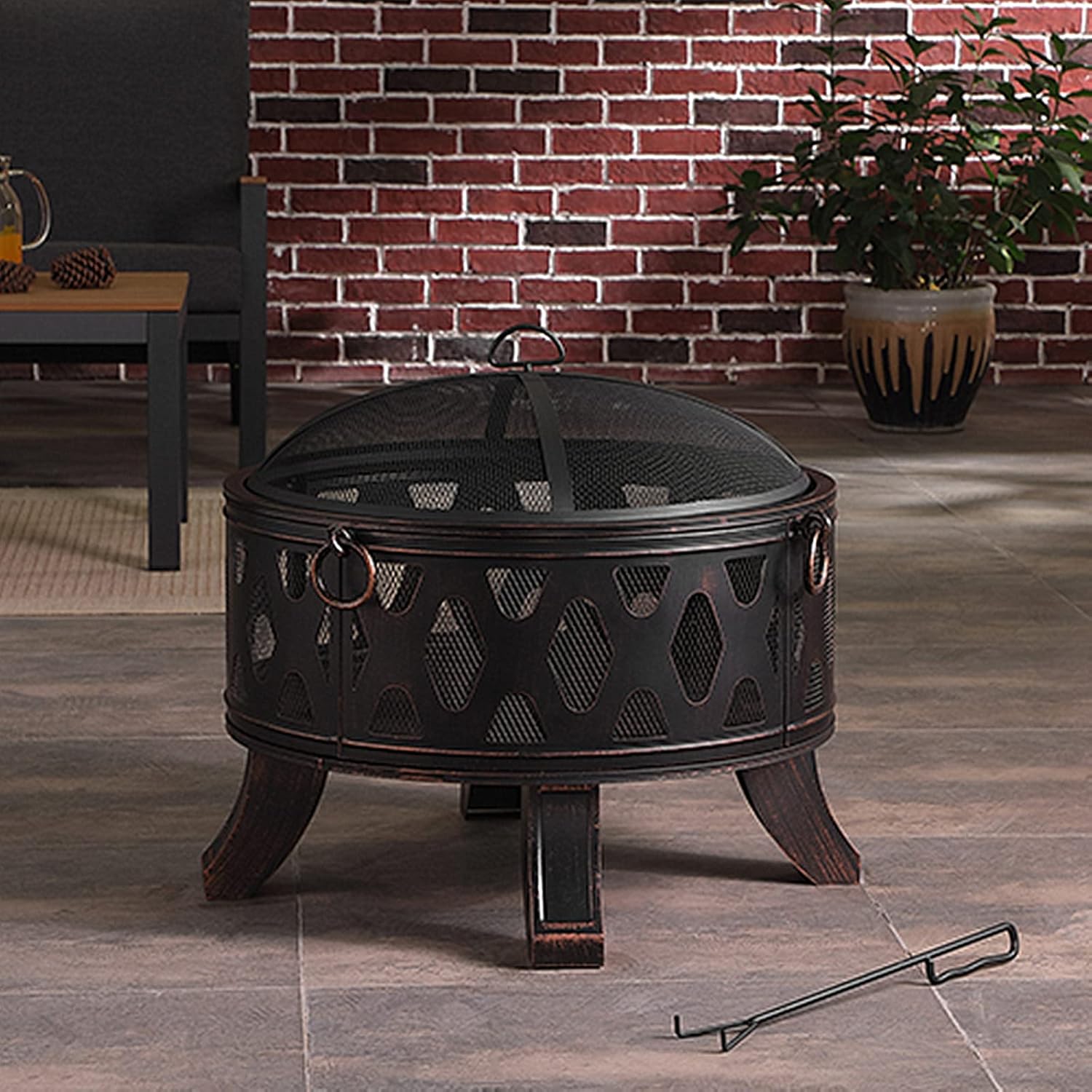 Fire Pit Set for Outside, 26 in Wood Burning Outdoor Fire Pit, Large Steel Firepit Bow for Patio Garden BBQ Camping Picnic, with Spark Screen, Fire Poker, Cover (Light Black)