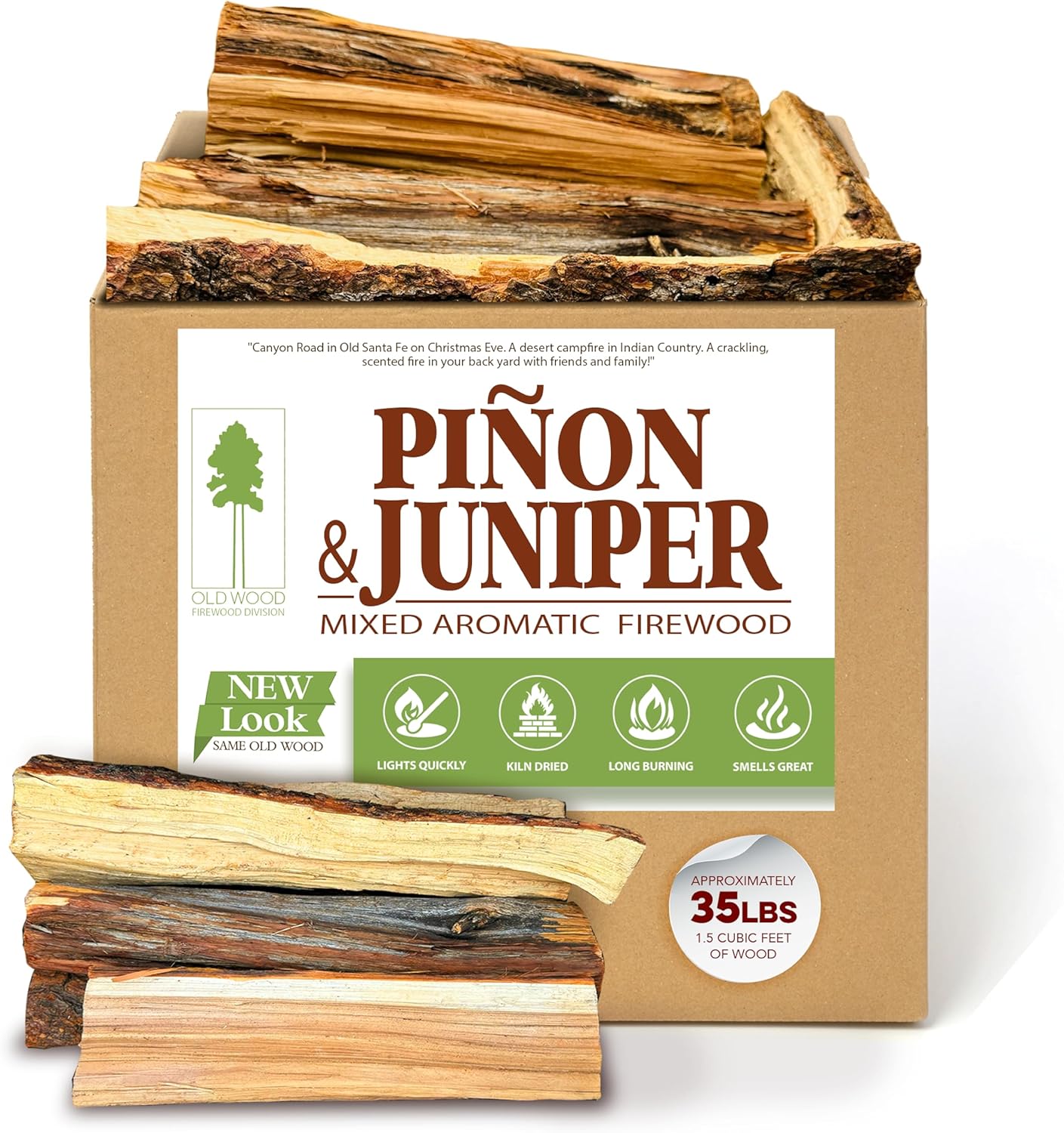 Old Wood Piñon & Juniper Firewood Box - Aromatic Blend for Indoor/Outdoor Use, 13-14 Inch Logs, Southwest Scent - Ideal for Fireplace, Fire Pit, Campfire, BBQ- Approximately 35 Pounds (1.5 Cubic Feet)