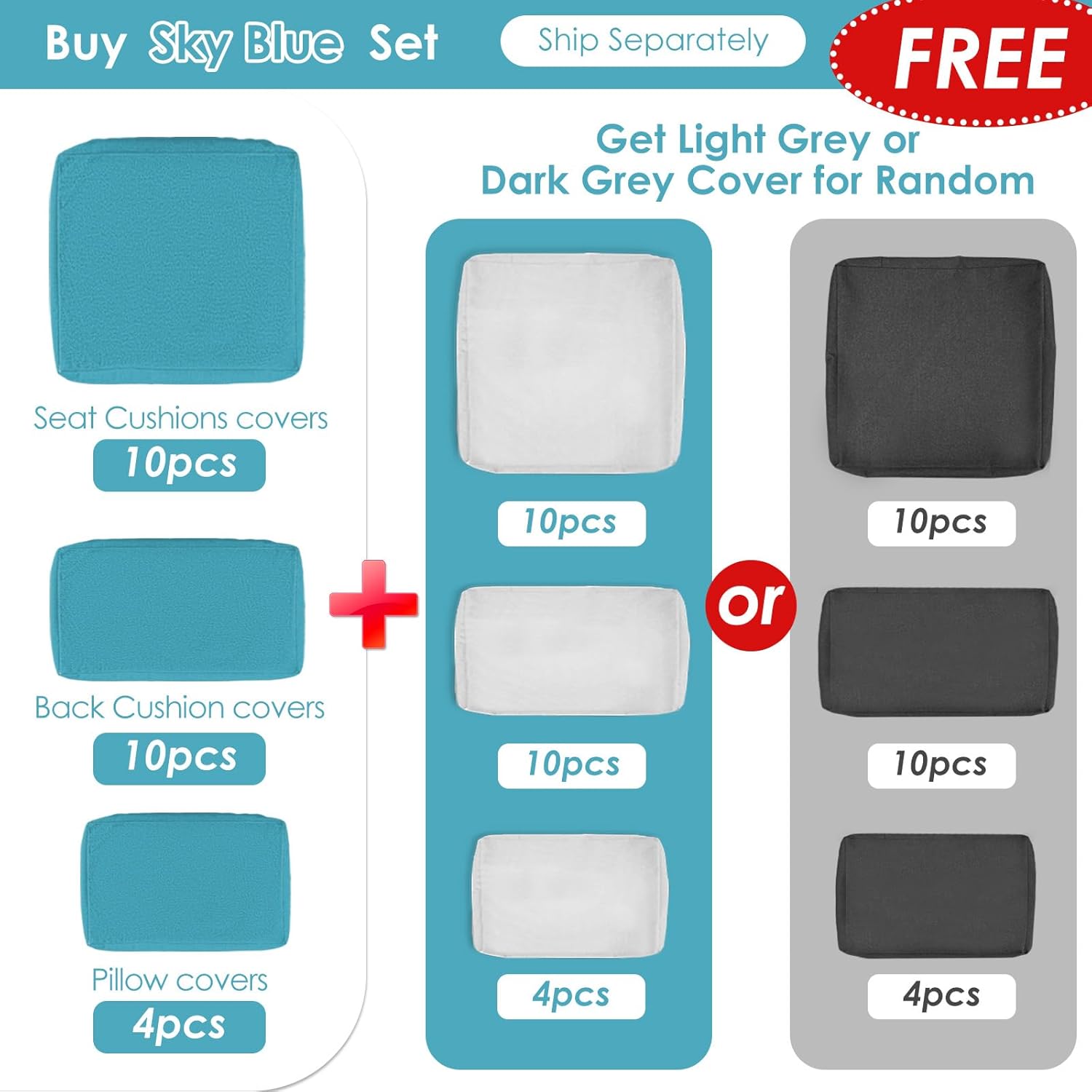 RADIATA 11 Piece Patio Furniture Sets with Firepit, Exra Large Size Outdoor Sectional and Fire Pit with Comfy High Back Deep Wide Seating for 10 People, All-Weather Non Fading Durable, Grey&Sky Blue