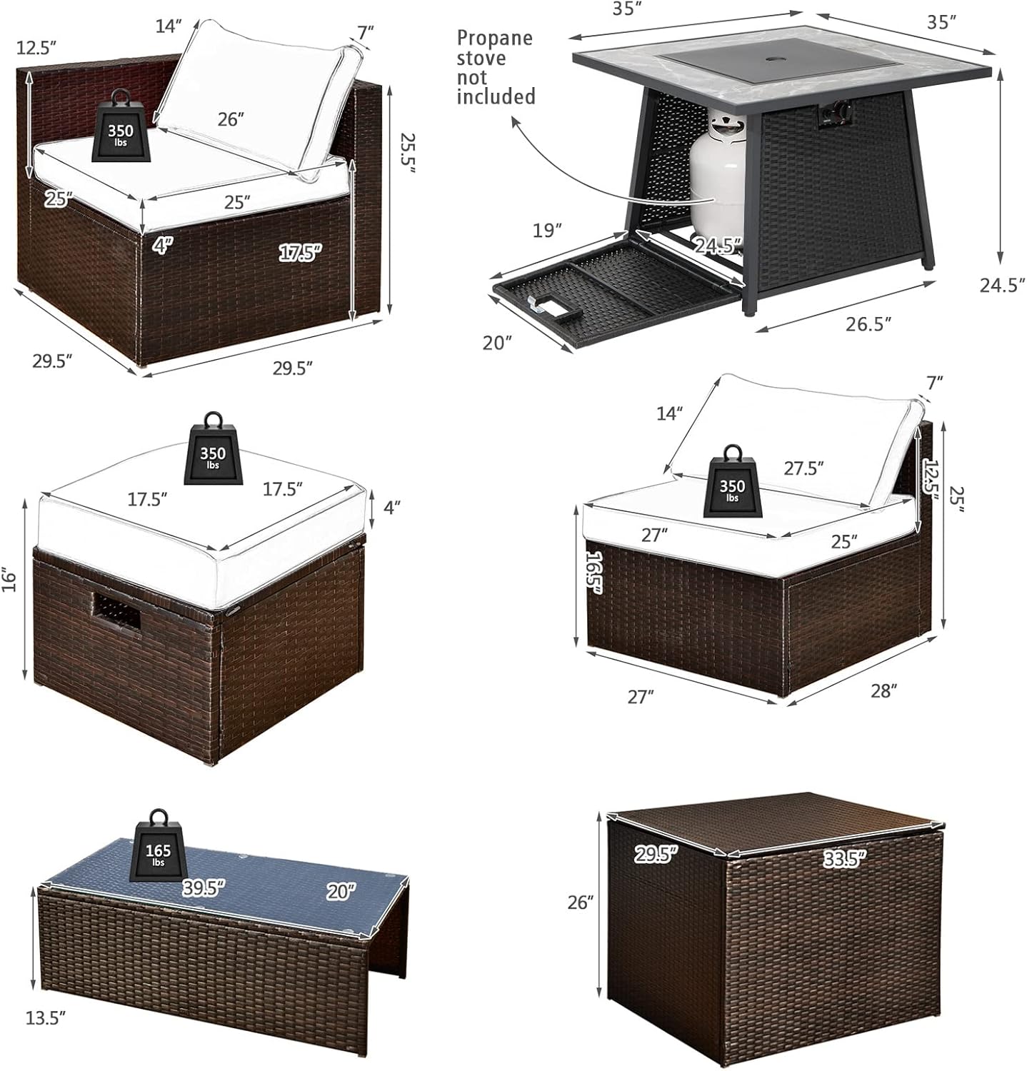 COSTWAY 9 Piece Patio Furniture Set with 35'' Fire Pit Table, Outdoor Wicker Rattan Sectional Sofa Set with 4'' Thickened Cushions, 2 Coffee Tables and 2 Ottomans for Poolside Backyard (Turquoise)