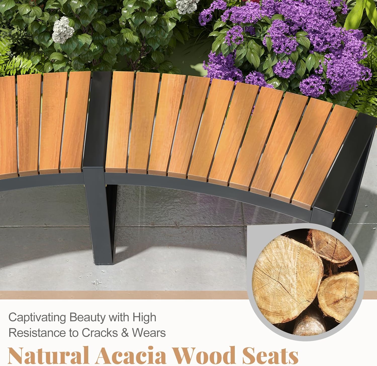 HAPPYGRILL Outdoor Curved Firepit Bench, Acacia Wood Firepit Bench with Metal Frame, Backless Loveseat for Patio, Porch, Garden, Deck, Yard, 800 LBS Max Load (4)