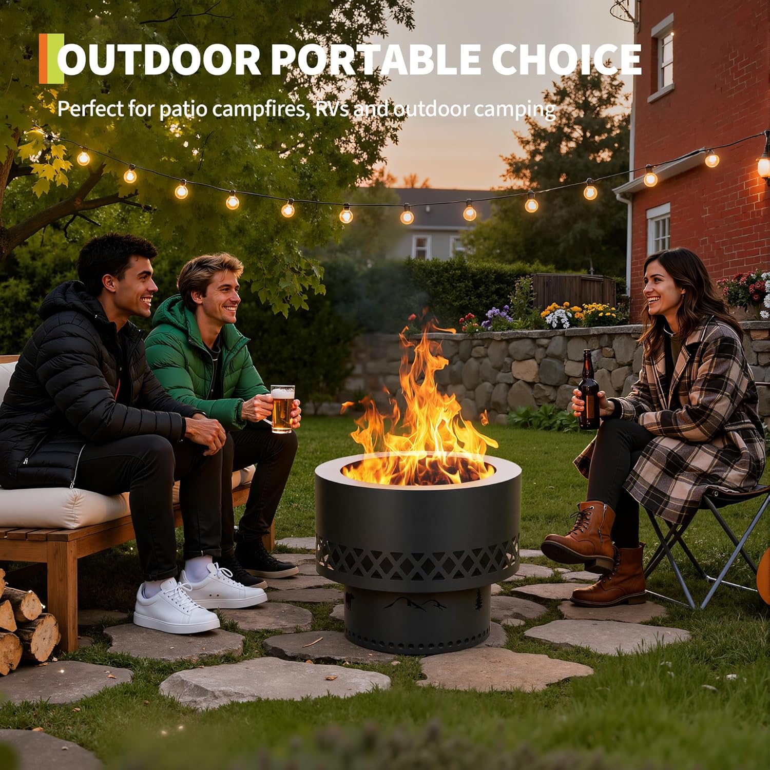 16in Smokeless Wood Burning Fire Pit Table - with Removable Ash Pan & Dust Bag, Outdoor Fireplace for Patio Camping, Bonfire, Backyard BBQ