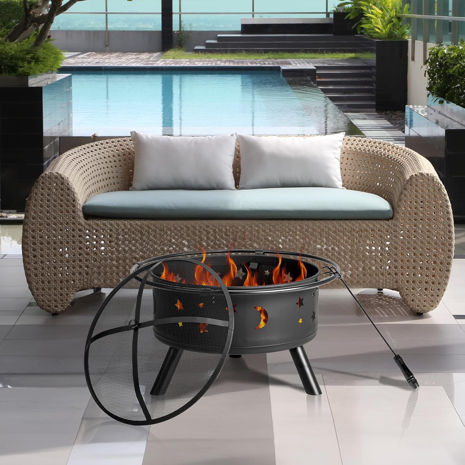 Round Fire Pit with Mesh Cover & Fire Poker, 30in Fire Pit for Outside Outdoor Fireplace, Star and Moon Design, Metal Wood Burning Outdoor Firepit Perfect for Christmas, Thanksgiving