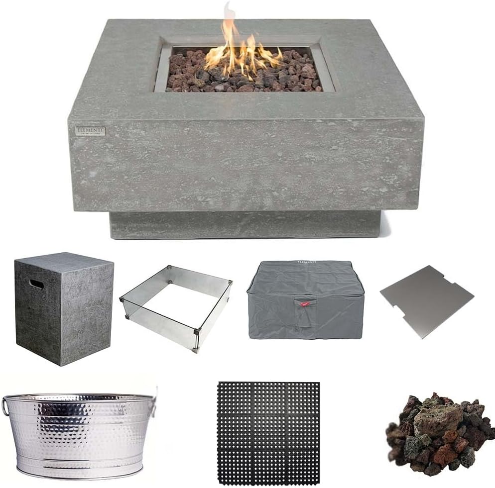 Elementi Manhattan Bundle Outdoor Firepit 36” Propane Firepit Table, Glass Windscreen, Stainless Steel, Tank/Canvas Cover, Floor Mat, Beverage Tub