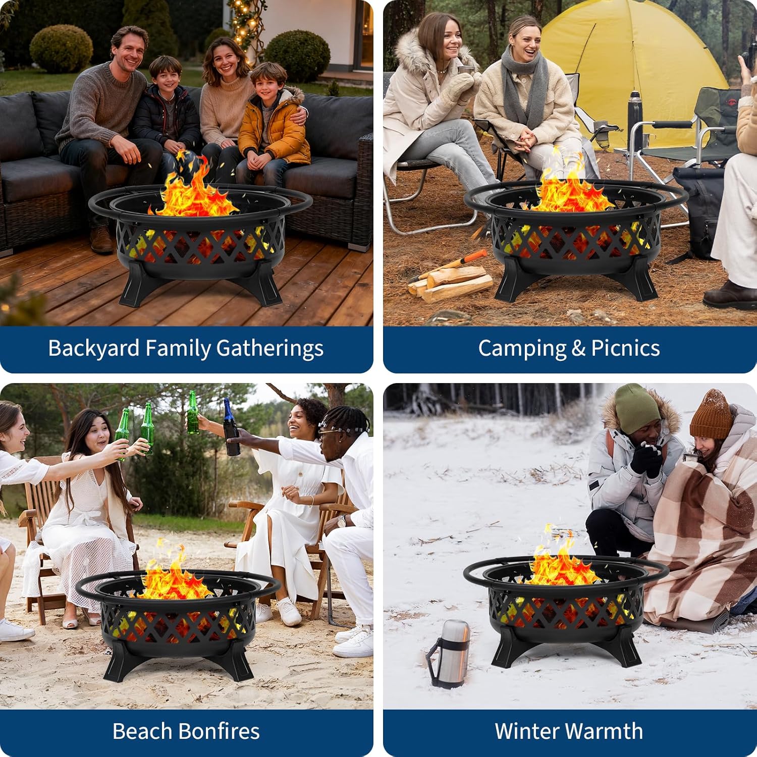 36 Inch Large Outdoor Wood Burning Fire Pit with Lid and Poker, Heavy Duty Round Steel Firepit for Patio, Backyard, BBQ, Picnic, Party, Outdoor Heating