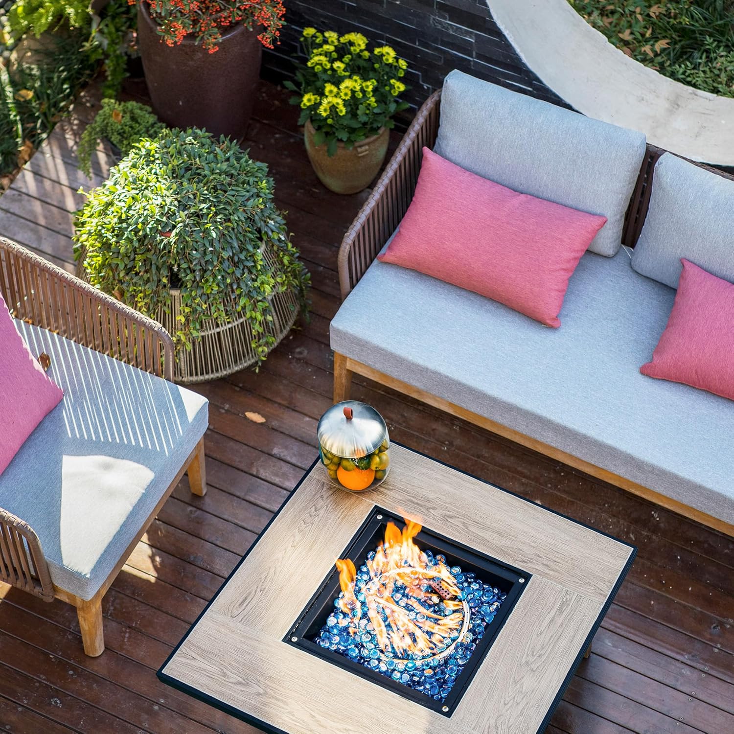 30 Inch Propane Fire Pit Table, 50,000 BTU Electronic-Ignition Rattan Patio Gas Fire Pit with Lid & Blue Glass Bead, Outdoor Fireplace for Dining or Party, Black