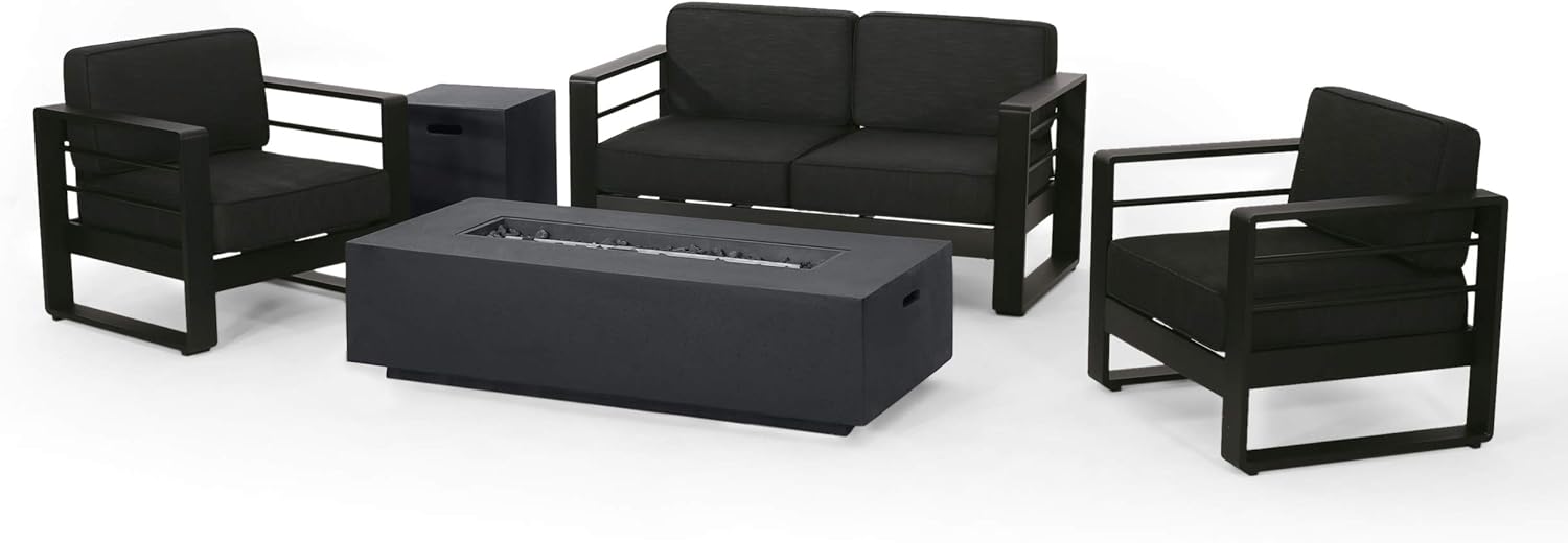 Christopher Knight Home Cheney Bay Outdoor Aluminum 4 Seater Chat Set with Fire Pit, Black, Gray, and Dark Gray