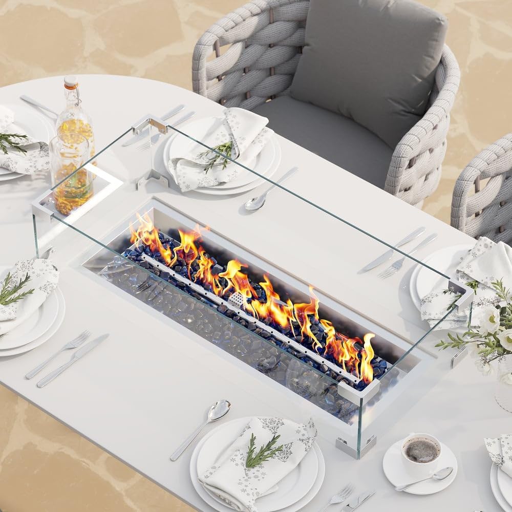 7-Piece Outdoor Dining Set with Oval Propane Fire Pit Table & Rope Woven Armchairs, Aluminum Frame, Cushions for Patio and Outdoor Dining