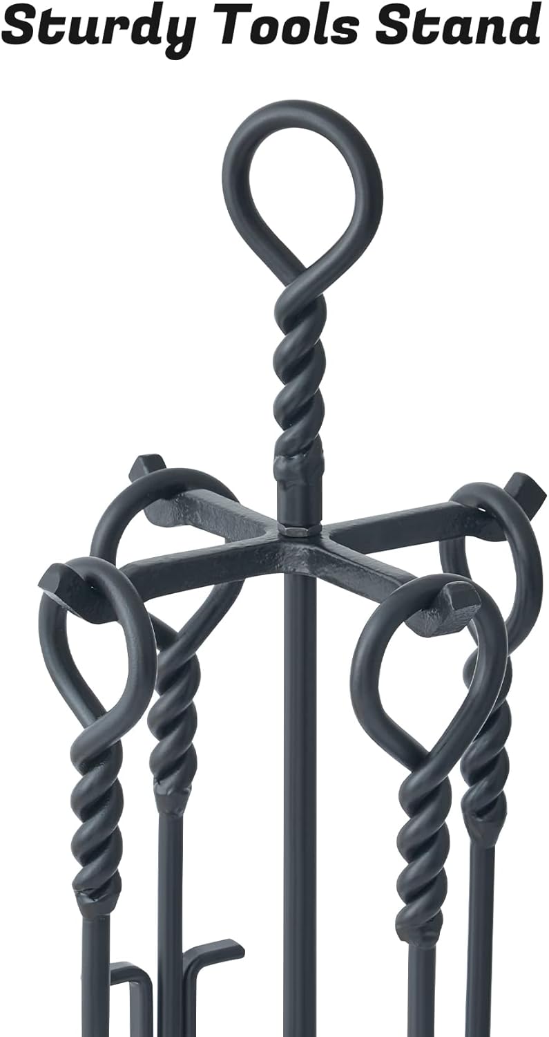 Lichamp Fireplace Tools Set, 5-Pieces Indoor Outdoor Sturdy Fire Place Poker Sets with Retro Handle and Heat Resistant Leather Gloves, FTS55BK