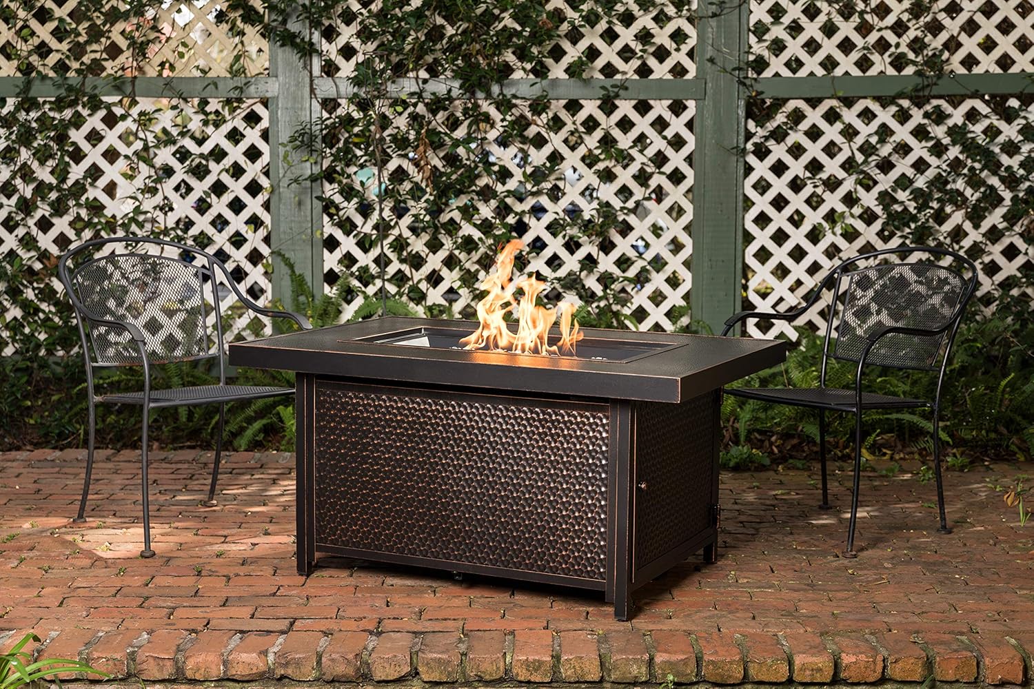 Weyland Hammered Aluminum Convertible Gas Fire Pit Table 55000 BTU Multifunctional Outdoor Firepit with Fire Bowl Lid, Nylon Cover & Clear Fire Glass Bronze Finish - Rectangular 48