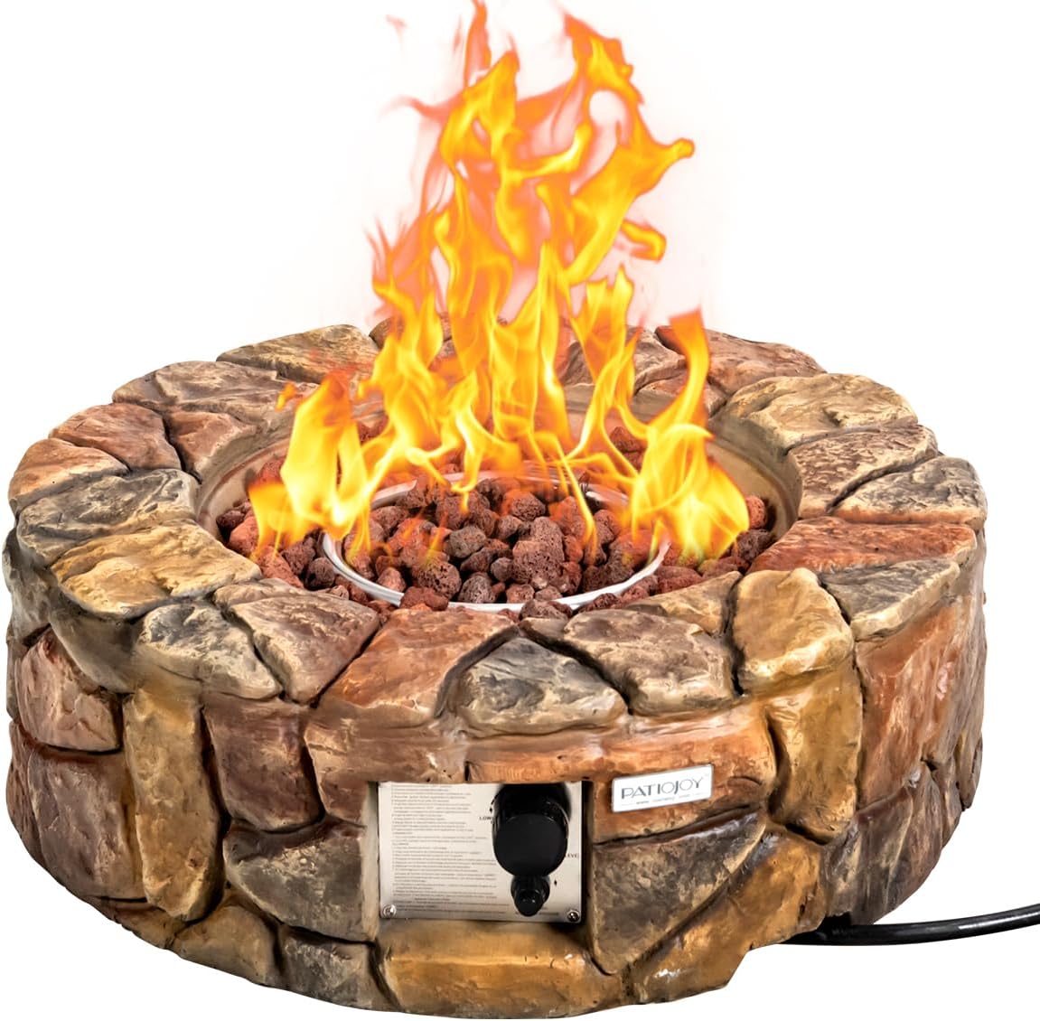 COSTWAY 28-Inch Gas Fire Pit 40,000 BTU Propane Fire Pit Outdoor with Natural Stone, Cover, Stainless-Steel Gas Burner w/Electronic Ignition Lava Rock, ETL Certification, Brown