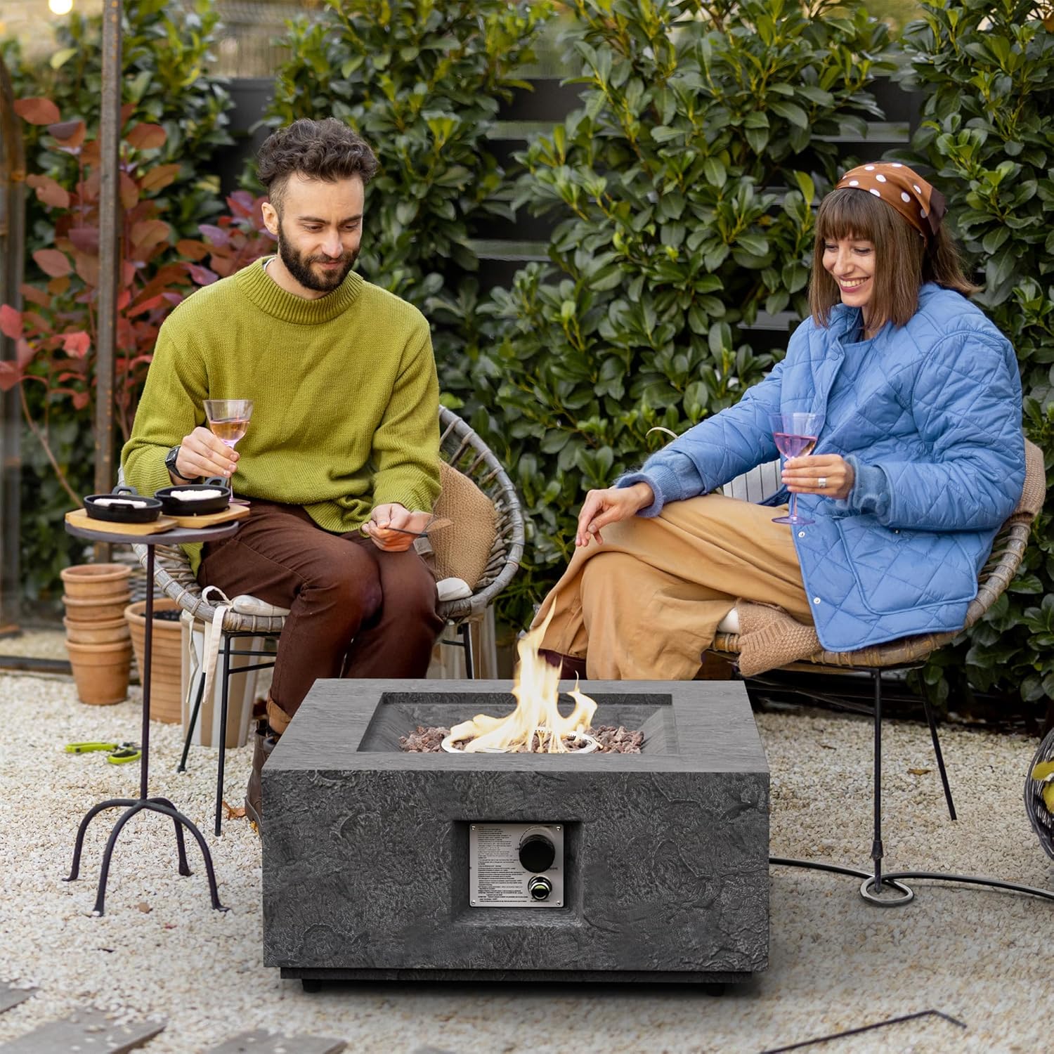 Propane Fire Pit Table, 28 in Square Outdoor Propane Gas Fire Pits, 40000 BTU Firepit for Outside Patio with Rain Cover, Lava Rocks for Backyard & Deck, Dark Grey