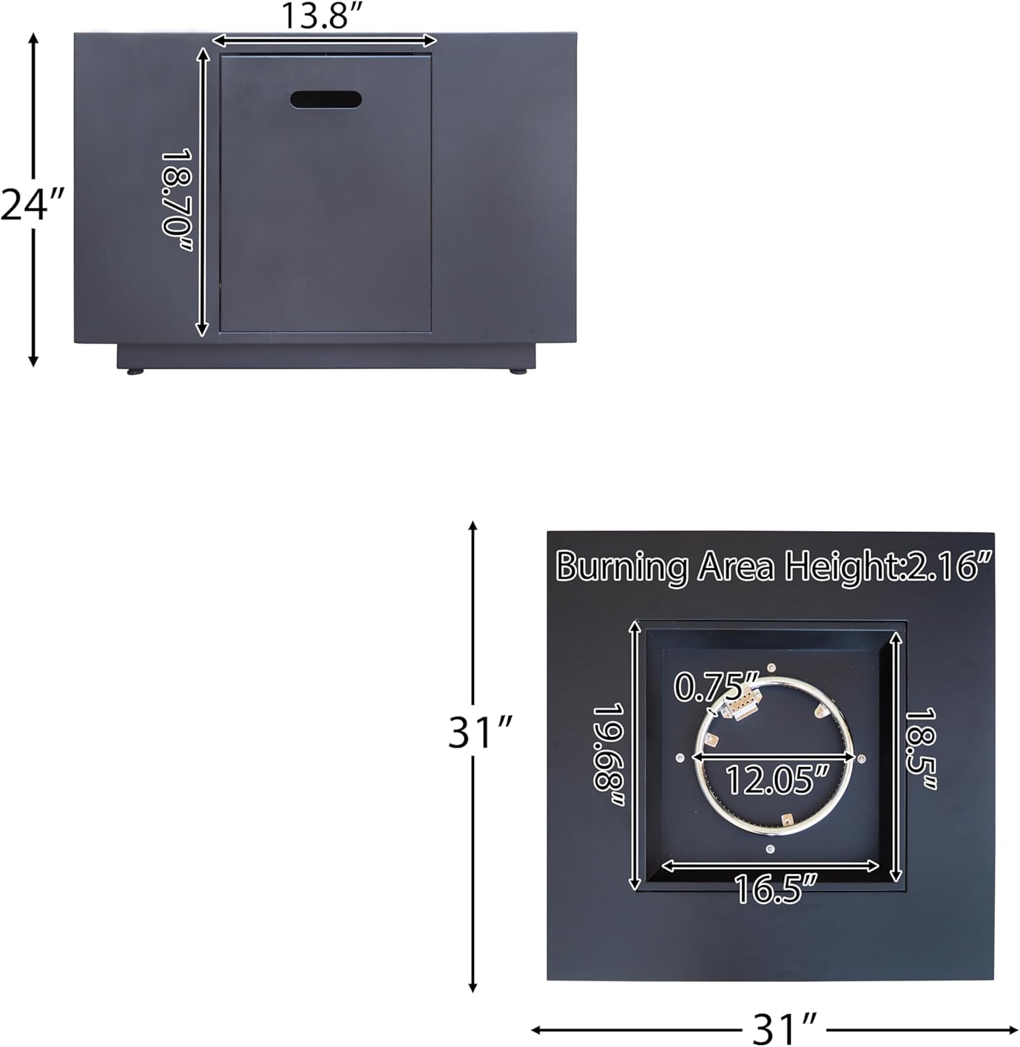 GOWE Outdoor Patio Propane Fire Pit 24'' H x 33'' W Square Iron Gas-Burning Fire Pit - 50,000 BTU, Tank in Side, Dark Grey