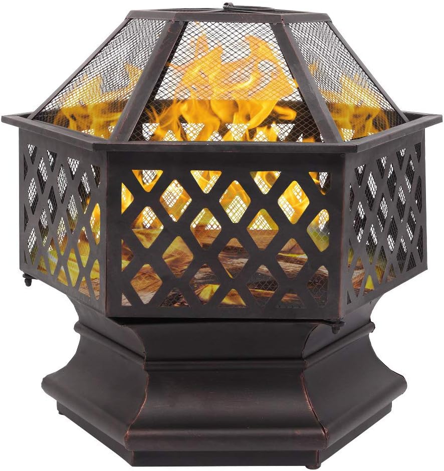 Outdoor Fire Pit 26 inch Hexagonal Patio Firepit Wood Burning Fireplace Portable Metal Fire Bowl with Mesh Screen Cover for Camping Picnic Bonfire Backyard Garden, black