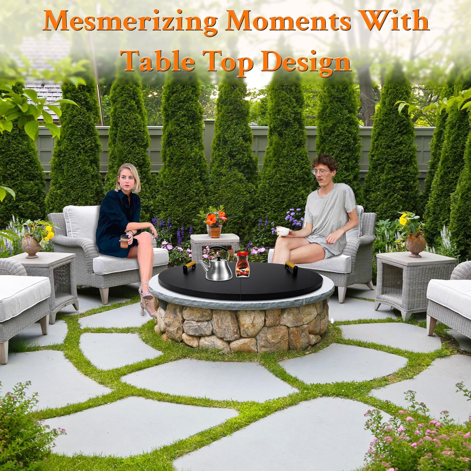 42” Fire Pit Cover Lid Round - Fit for 40” Round Fire Pit Lid for Outdoor Fireplace Cover Lid Steel fire pit metal cover W/ 2 Wooden Handles & Heat Resistant Snuffer Lid for Patio Fire Pit Ring