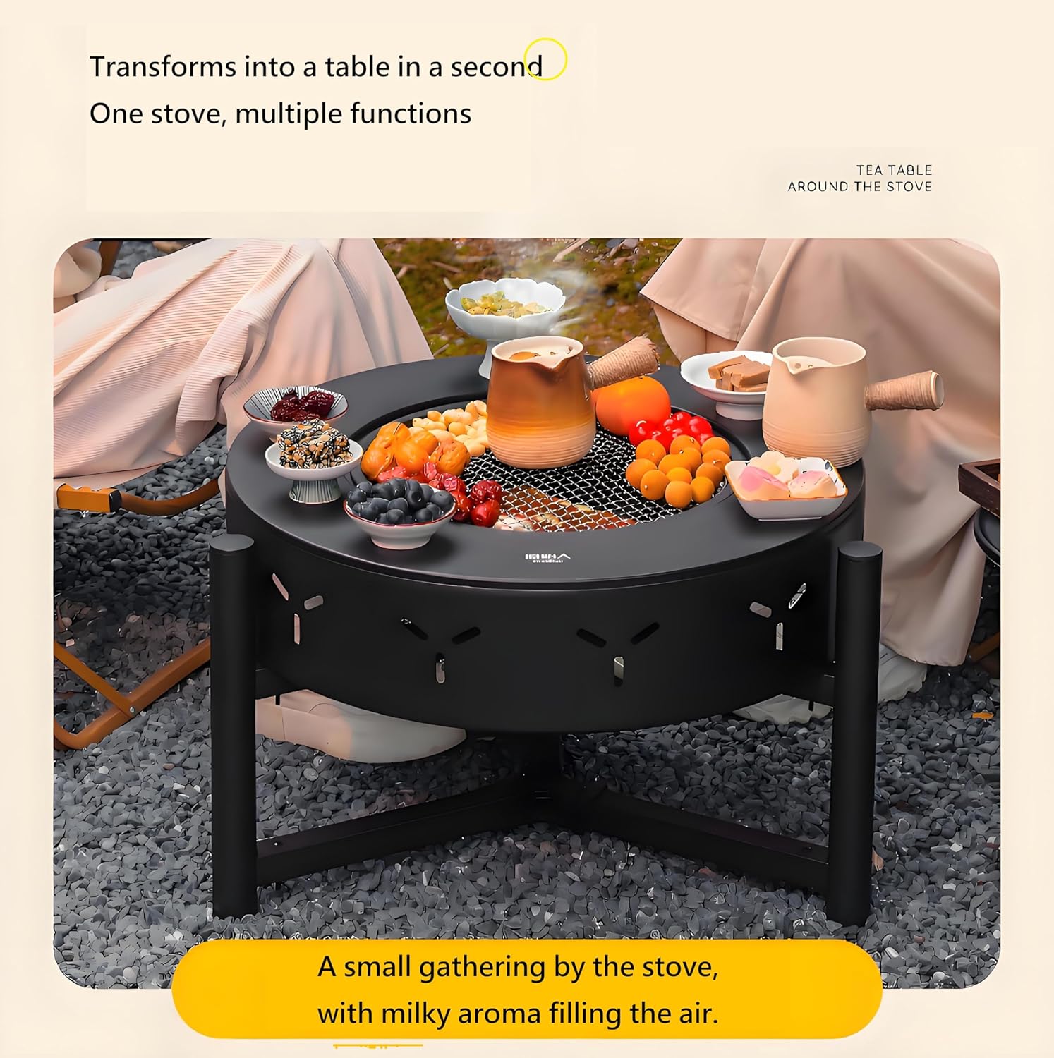 23.6-Inch 3-in-1 Fire Pit with BBQ Grill, Wood Burning Outdoor Firepit with Lid, Heavy Duty Metal Round Table for Patio, Bonfire, Picnic