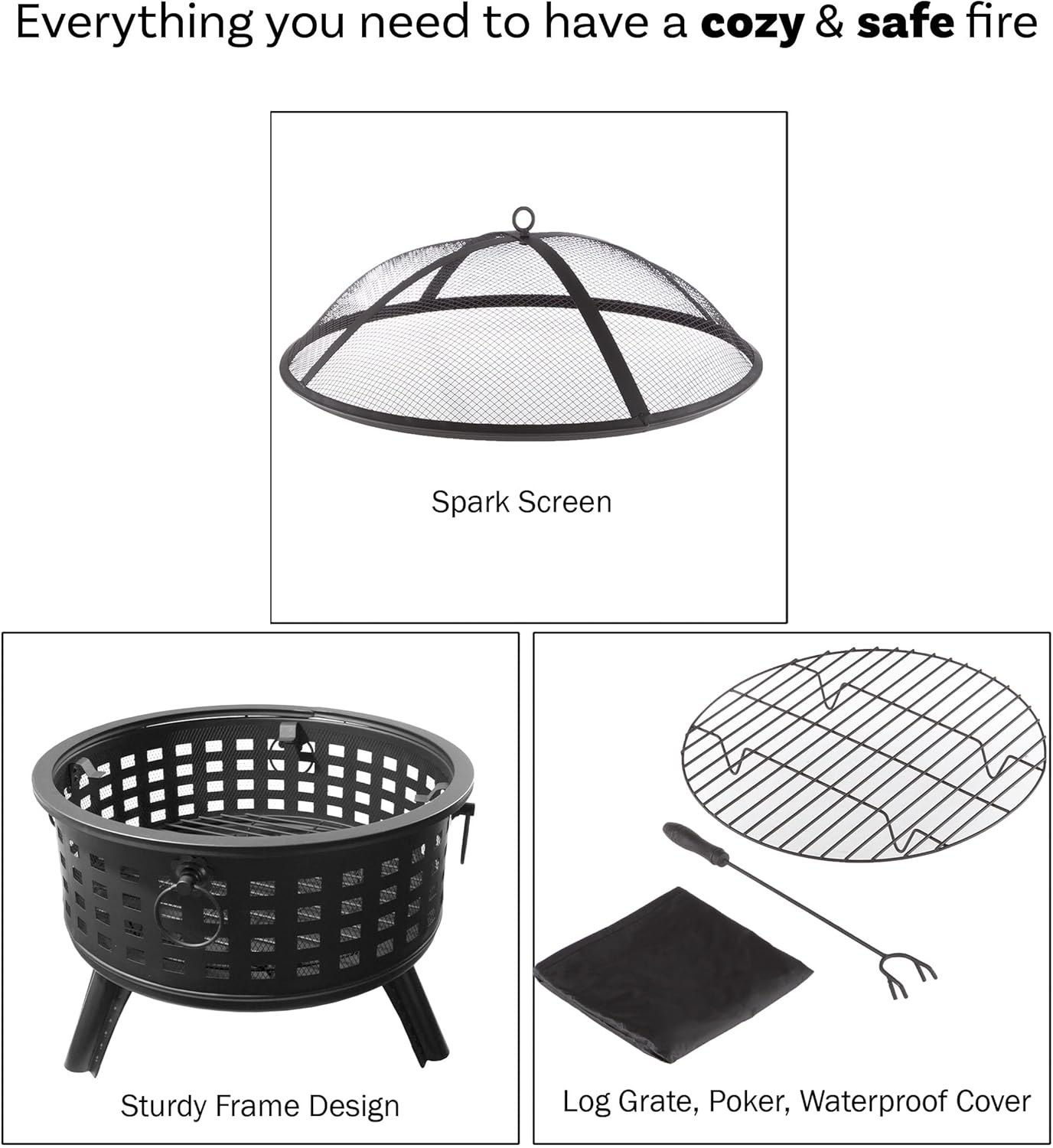 Outdoor Fire Pit - 26-Inch Round Lattice Wood Burning Firepit with Screen, Poker, Grate and Cover - Wood Fire Pits & Outdoor Fireplaces by Pure Garden